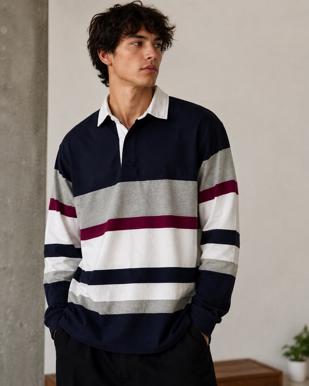 Cotton On Loose Fit Rugby Polo Shirt Mens Small Striped Long Sleeve Cotton Top
